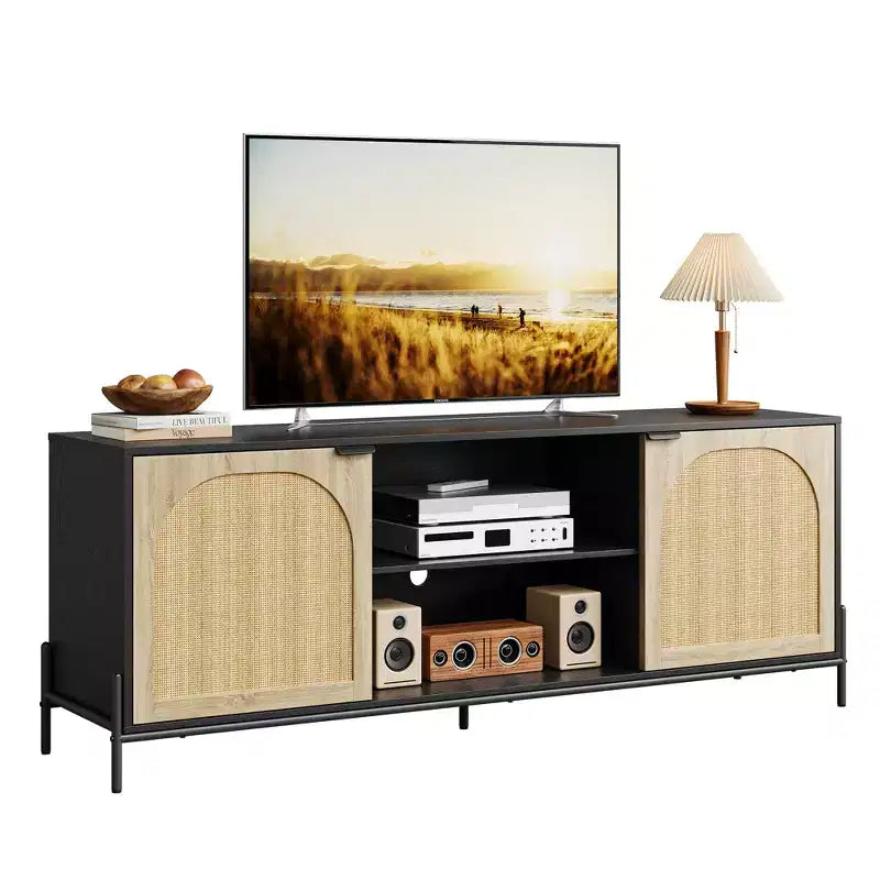 Meuble TV en rotin COZONY pour téléviseur de 75 pouces. Meuble TV de style moderne du milieu du siècle avec étagère réglable
