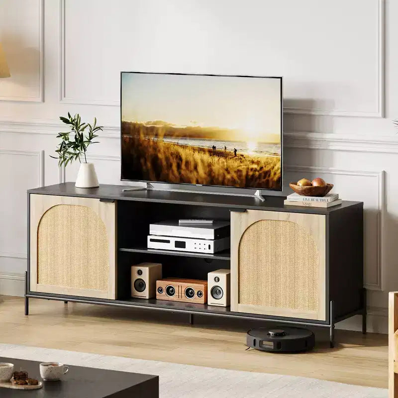 Meuble TV en rotin COZONY pour téléviseur de 75 pouces. Meuble TV de style moderne du milieu du siècle avec étagère réglable