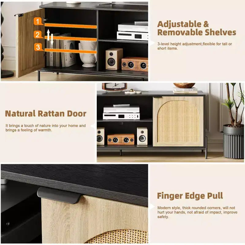 Meuble TV en rotin COZONY pour téléviseur de 75 pouces. Meuble TV de style moderne du milieu du siècle avec étagère réglable