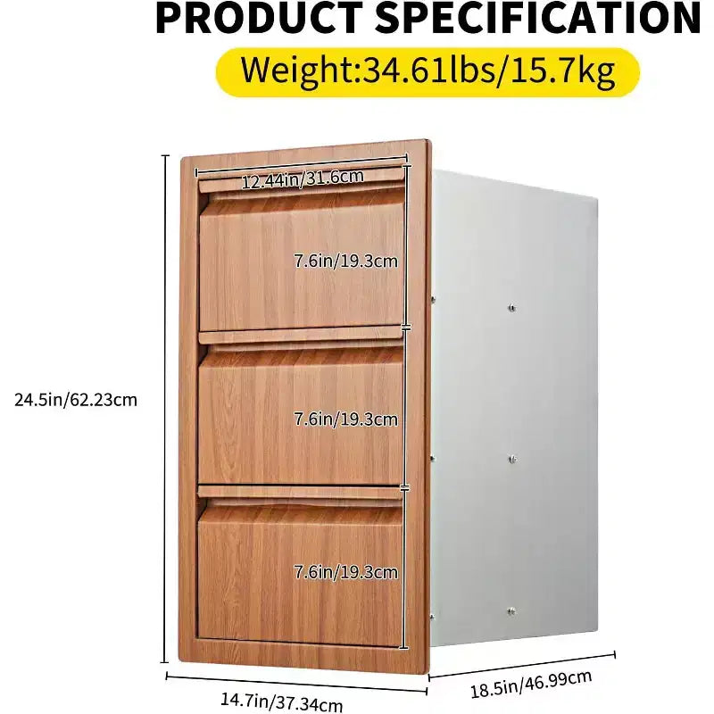 Acekool Cuisine extérieure 14x24x18 Triple Tiroir, Meuble de Rangement en Acier Inoxydable pour Îlot Barbecue de Terrasse, Marron