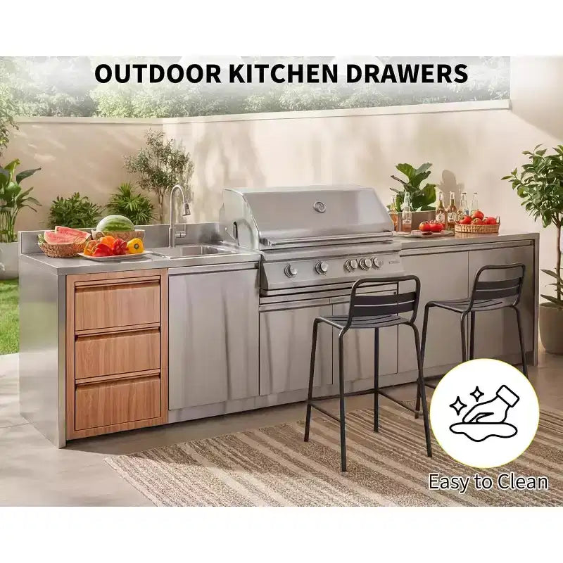 Acekool Cuisine extérieure 14x24x18 Triple Tiroir, Meuble de Rangement en Acier Inoxydable pour Îlot Barbecue de Terrasse, Marron