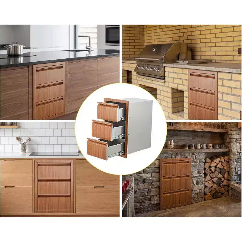 Acekool Cuisine extérieure 14x24x18 Triple Tiroir, Meuble de Rangement en Acier Inoxydable pour Îlot Barbecue de Terrasse, Marron