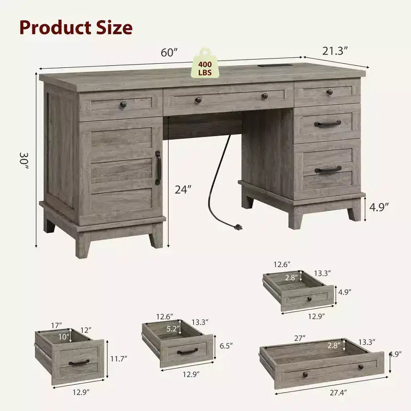 Bureau de direction Garvee avec tiroirs, bureau d'ordinateur de style rustique avec station de charge, 60 pouces avec rangement pour dossiers