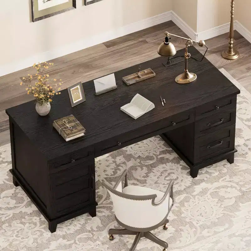 Bureau de direction Garvee avec tiroirs, bureau d'ordinateur de style rustique avec station de charge, 60 pouces avec rangement pour dossiers