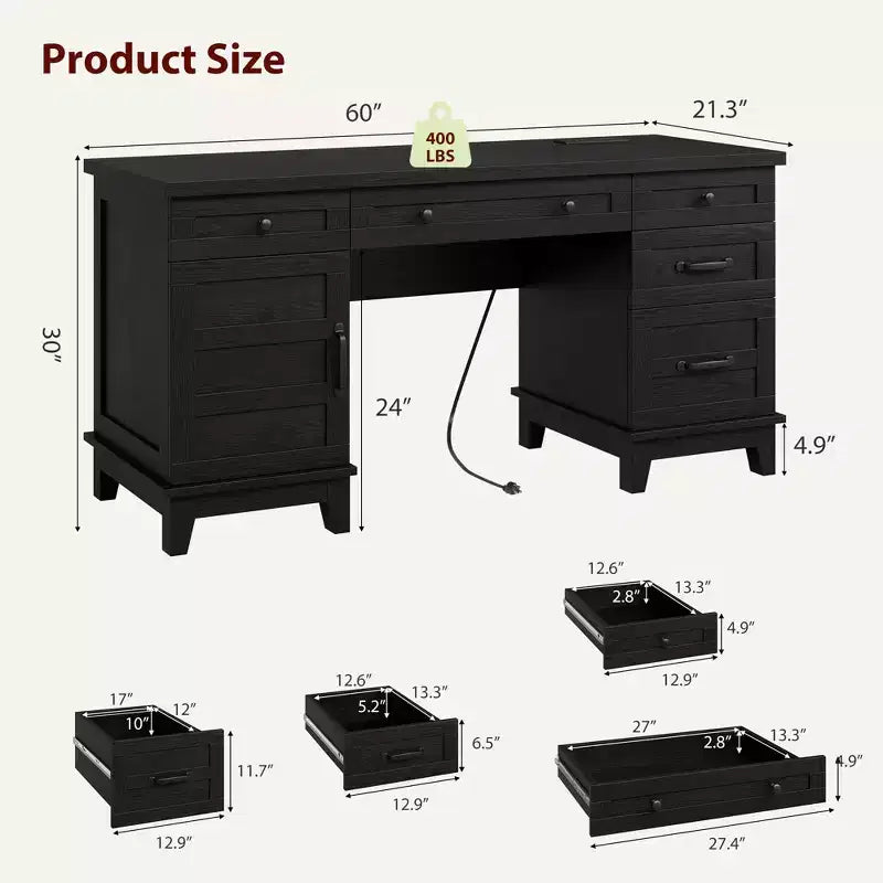 Bureau de direction Garvee avec tiroirs, bureau d'ordinateur de style rustique avec station de charge, 60 pouces avec rangement pour dossiers