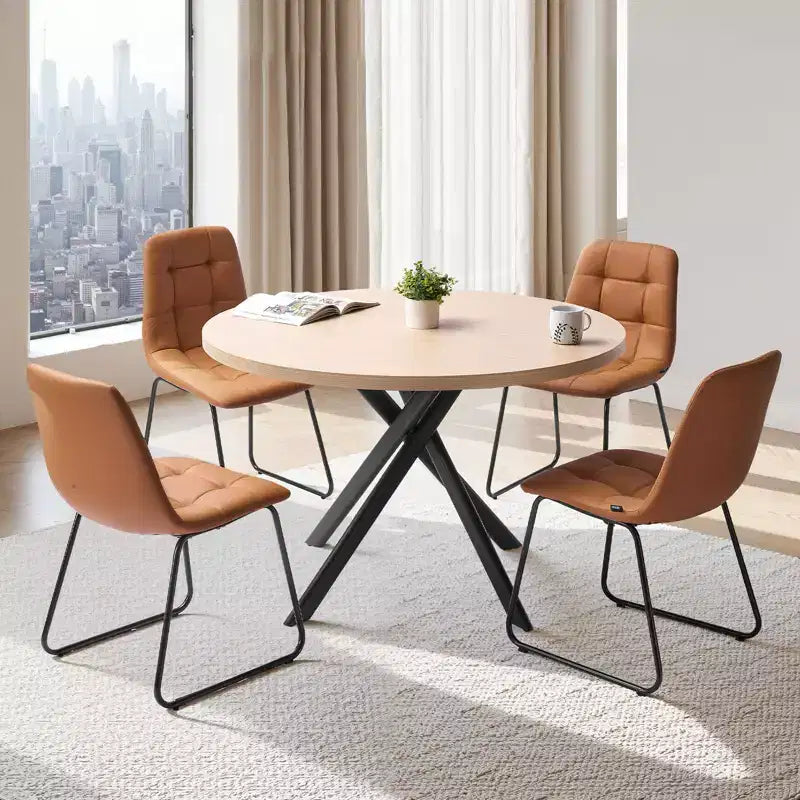 VEVOR Ensemble de salle à manger 5 pièces, table de cuisine ronde peu encombrante avec 4 chaises rembourrées orange, coussins en cuir PU, bureau moderne couleur bois, marron