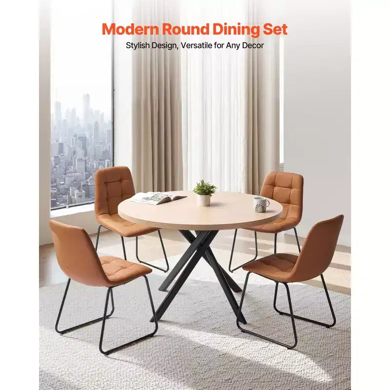 VEVOR Ensemble de salle à manger 5 pièces, table de cuisine ronde peu encombrante avec 4 chaises rembourrées orange, coussins en cuir PU, bureau moderne couleur bois, marron