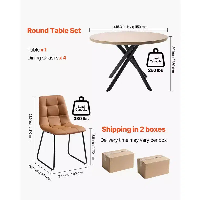 VEVOR Ensemble de salle à manger 5 pièces, table de cuisine ronde peu encombrante avec 4 chaises rembourrées orange, coussins en cuir PU, bureau moderne couleur bois, marron