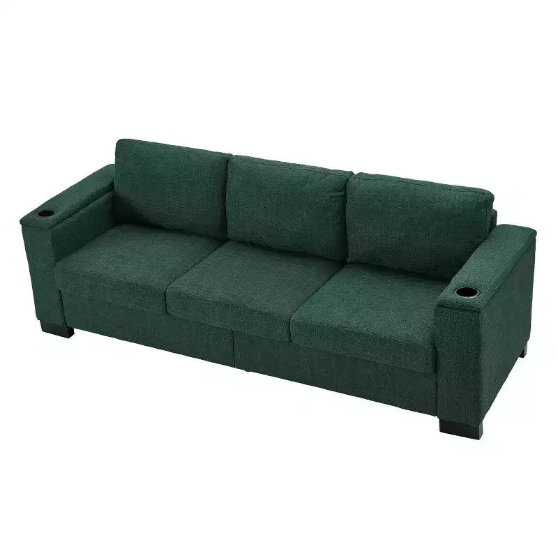 Canapé de salon MAYEERTY 93.7 de style moderne en tissu, avec accoudoirs carrés et porte-gobelet, en polyester rembourré, vert