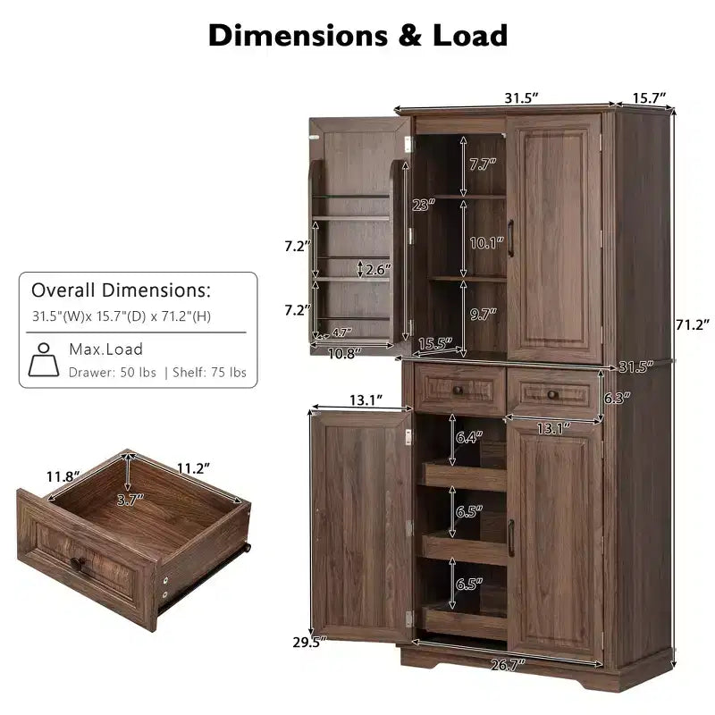 sumyeg 71 Armoire de cuisine avec organisateurs coulissants, 6 étagères de porte et tiroirs
