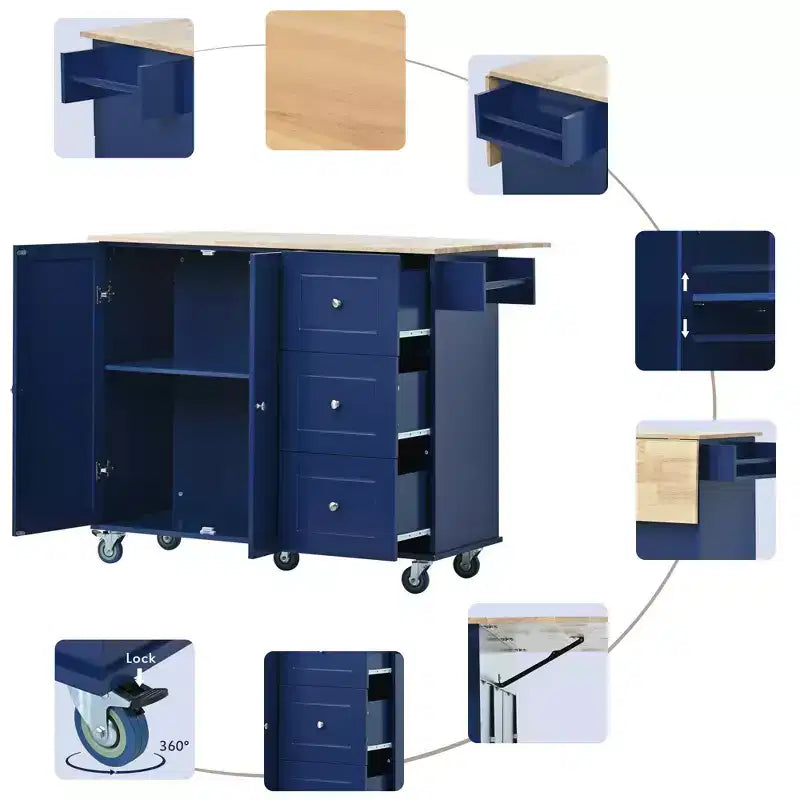 sumyeg Îlot de cuisine roulant avec plateau en bois massif, abattant, roulettes verrouillables, armoire de rangement, étagère à épices, porte-serviettes et tiroir, 133,9 cm