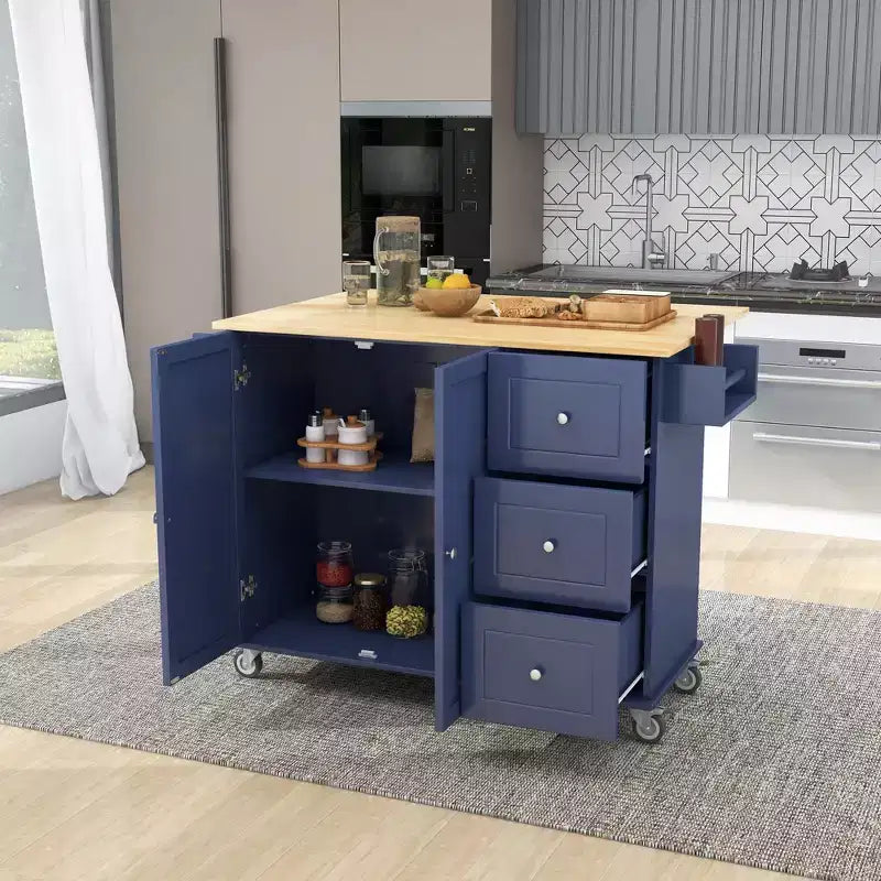 sumyeg Îlot de cuisine roulant avec plateau en bois massif, abattant, roulettes verrouillables, armoire de rangement, étagère à épices, porte-serviettes et tiroir, 133,9 cm