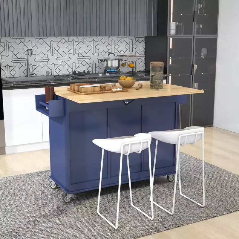 sumyeg Îlot de cuisine roulant avec plateau en bois massif, abattant, roulettes verrouillables, armoire de rangement, étagère à épices, porte-serviettes et tiroir, 133,9 cm