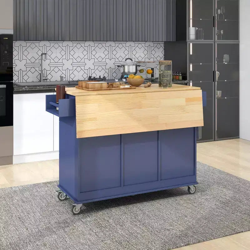 sumyeg Îlot de cuisine roulant avec plateau en bois massif, abattant, roulettes verrouillables, armoire de rangement, étagère à épices, porte-serviettes et tiroir, 133,9 cm