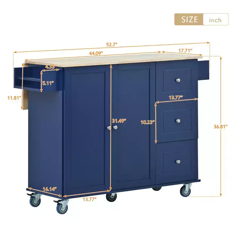 sumyeg Îlot de cuisine roulant avec plateau en bois massif, abattant, roulettes verrouillables, armoire de rangement, étagère à épices, porte-serviettes et tiroir, 133,9 cm