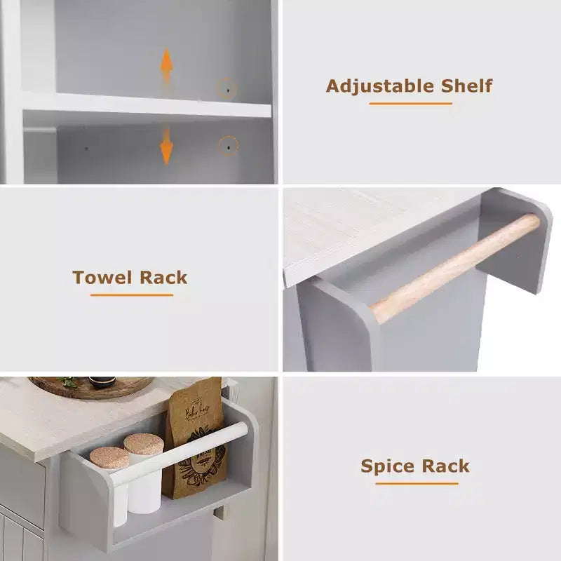 Chariot d'îlot de cuisine sumyeg avec rangement pour poubelle, abattant, porte-épices, porte-serviettes et tiroir, desserte roulante avec étagère réglable pour la cuisine