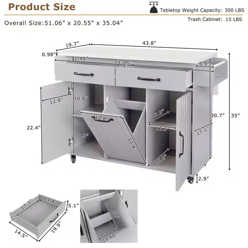 Chariot d'îlot de cuisine sumyeg avec rangement pour poubelle, abattant, porte-épices, porte-serviettes et tiroir, desserte roulante avec étagère réglable pour la cuisine