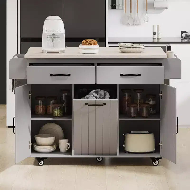 Chariot d'îlot de cuisine sumyeg avec rangement pour poubelle, abattant, porte-épices, porte-serviettes et tiroir, desserte roulante avec étagère réglable pour la cuisine