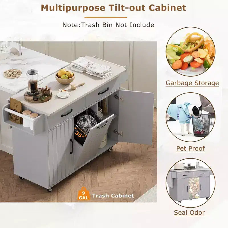 Chariot d'îlot de cuisine sumyeg avec rangement pour poubelle, abattant, porte-épices, porte-serviettes et tiroir, desserte roulante avec étagère réglable pour la cuisine