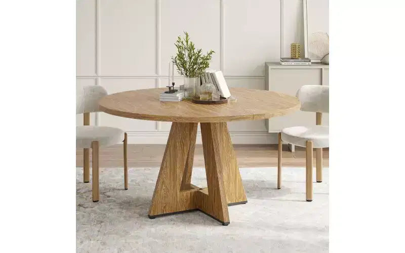 TUYOHW Table à manger en bois avec pieds en métal, table de cuisine ronde de 120 cm pour 4-7 personnes avec bords arrondis lisses, table de salle à manger spacieuse pour le salon