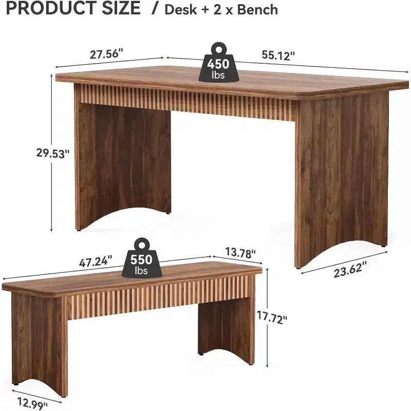 Table à manger Lantine 55 avec 2 bancs, ensemble de table à manger pour 4 à 6 personnes, table de cuisine de ferme avec banc, ensemble de table de salle à manger