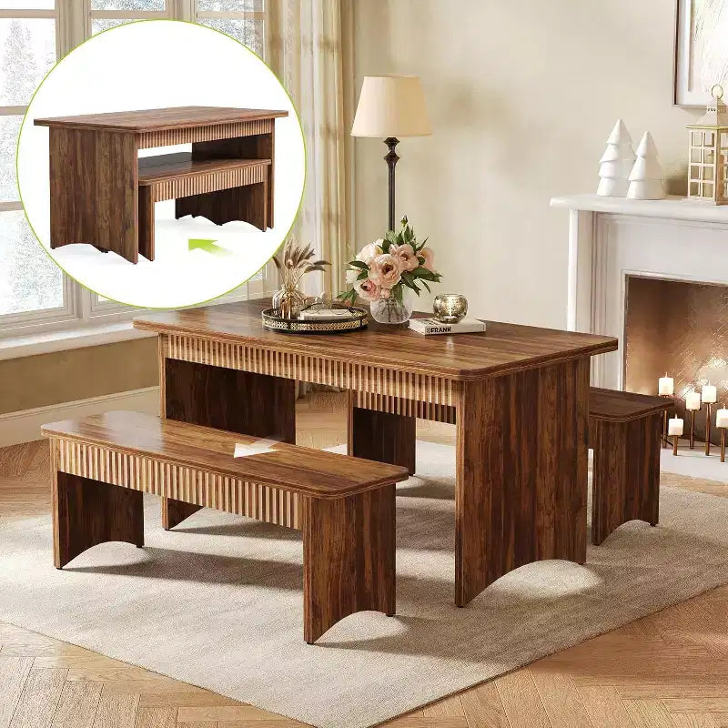 Table à manger Lantine 55 avec 2 bancs, ensemble de table à manger pour 4 à 6 personnes, table de cuisine de ferme avec banc, ensemble de table de salle à manger