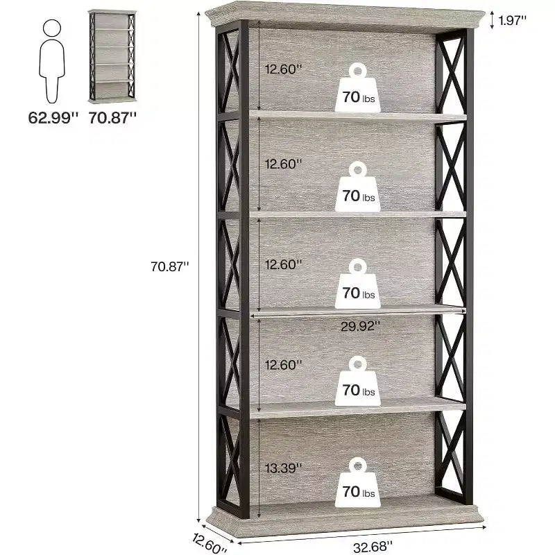 Bibliothèque Lantine à 6 niveaux, étagères industrielles de 180 cm, étagères de rangement autoportantes à 5 niveaux pour la maison, le bureau, le salon, la chambre, gris
