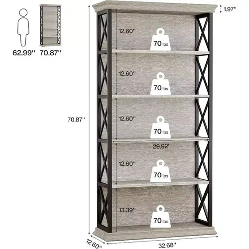 Étagère à 6 niveaux, bibliothèque industrielle de 180 cm, étagères de rangement à 5 niveaux autoportantes pour bureau à domicile, salon, chambre à coucher, gris