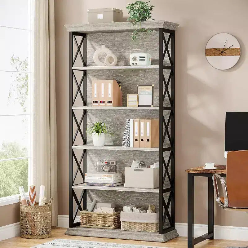 Bibliothèque Lantine à 6 niveaux, étagères industrielles de 180 cm, étagères de rangement autoportantes à 5 niveaux pour la maison, le bureau, le salon, la chambre, gris