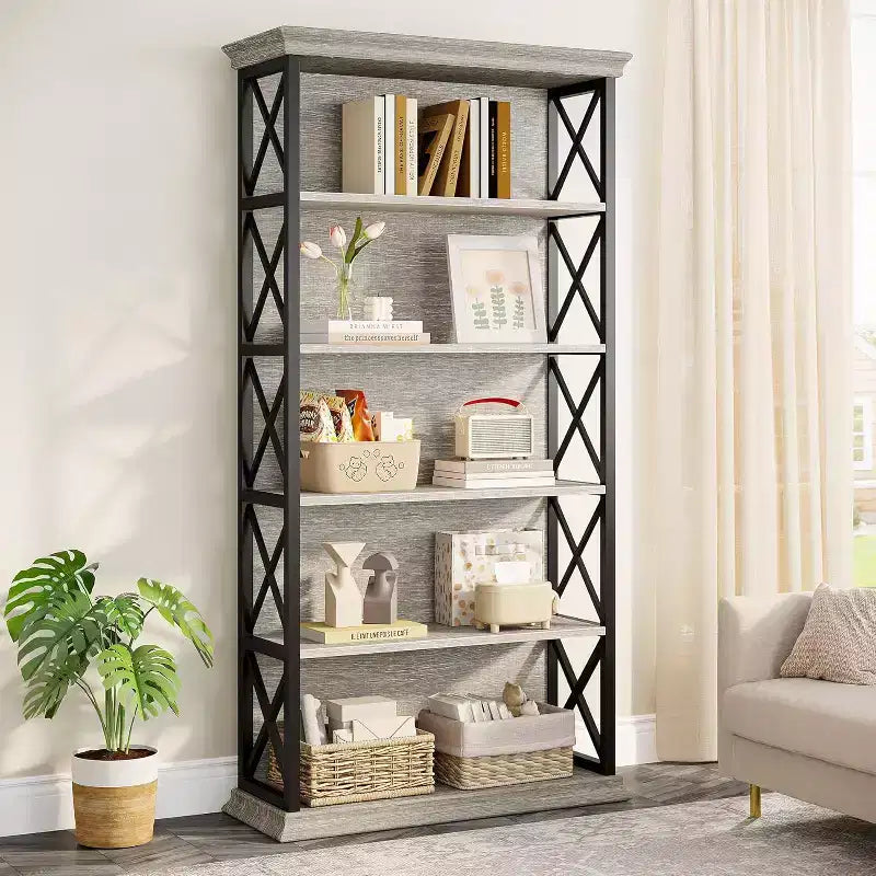 Bibliothèque Lantine à 6 niveaux, étagères industrielles de 180 cm, étagères de rangement autoportantes à 5 niveaux pour la maison, le bureau, le salon, la chambre, gris