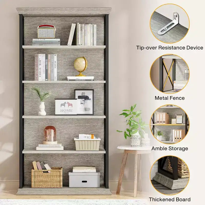 Bibliothèque Lantine à 6 niveaux, étagères industrielles de 180 cm, étagères de rangement autoportantes à 5 niveaux pour la maison, le bureau, le salon, la chambre, gris