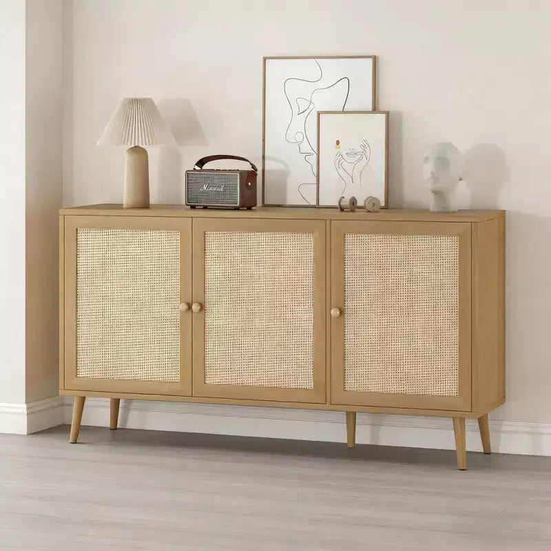 JVNOXK 18-inch Sideboard with 3 Rattan Doors, Modern Kitchen Storage Console, Suitable for Entryway and Living Room, Natural Finish