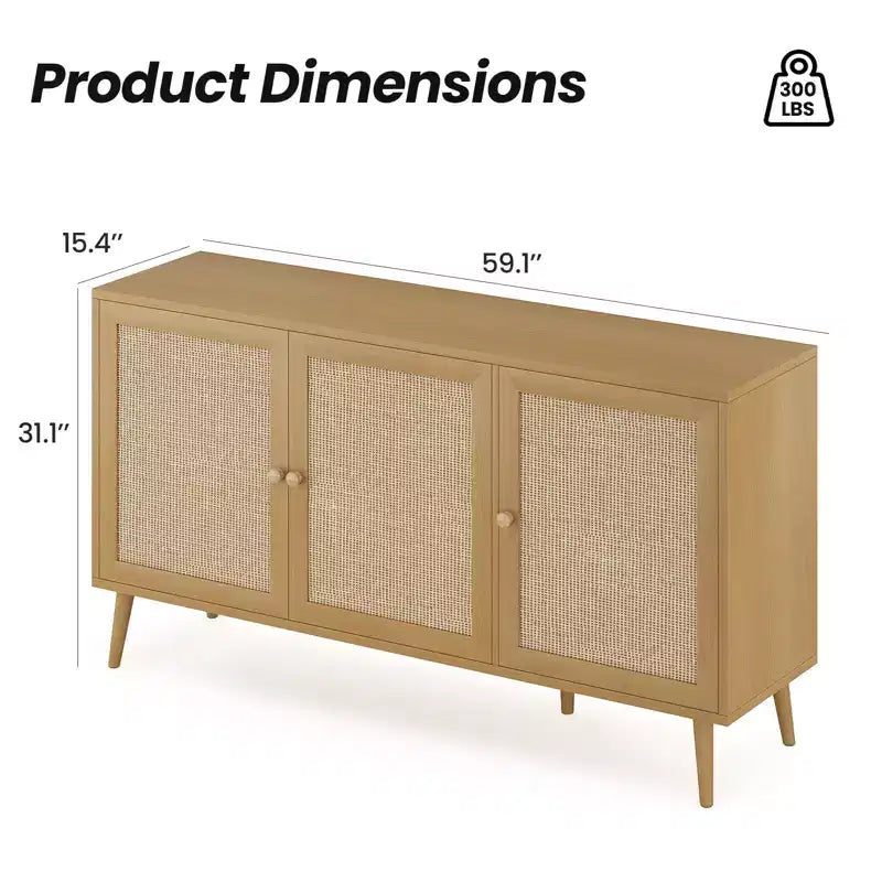 JVNOXK Buffet 18 pouces avec 3 Portes en Rotin, Console de Rangement de Cuisine Moderne, Adapté pour l'Entrée et le Salon, Finition Naturelle