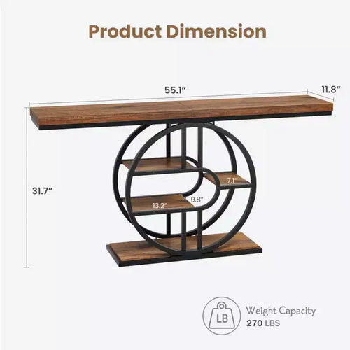Console de 55 pouces pour entrée, table de canapé de couloir industrielle avec étagères de rangement, table d'appoint étroite à 5 niveaux avec étagères de rangement circulaires