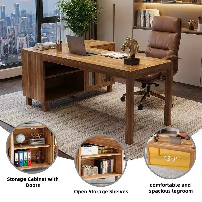 Bureau de direction en L MAYEERTY de 150 cm, bureau d'ordinateur de maison avec armoire de rangement