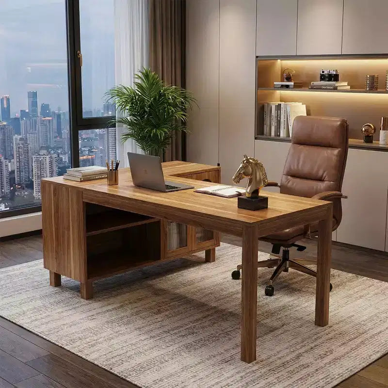 Bureau de direction en L MAYEERTY de 150 cm, bureau d'ordinateur de maison avec armoire de rangement