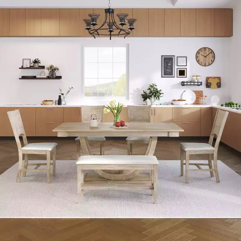 Ensemble de salle à manger 6 pièces GDFStudio Timo en bois d'hévéa avec table de salle à manger demi-ronde, banc et 4 chaises