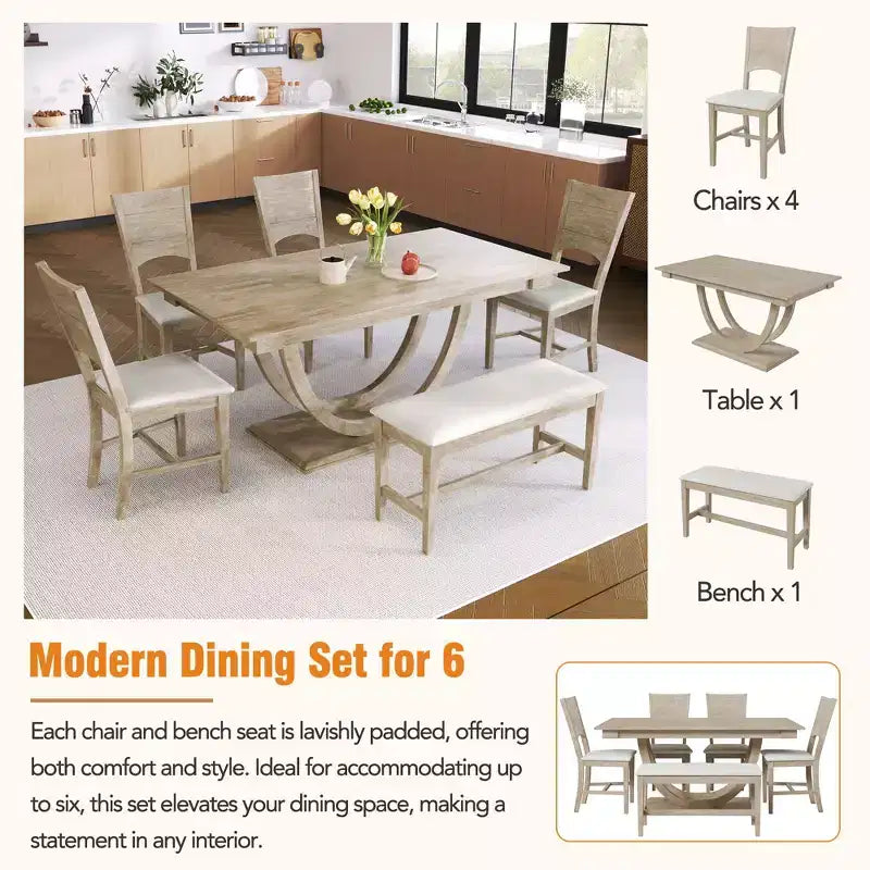 Ensemble de salle à manger 6 pièces GDFStudio Timo en bois d'hévéa avec table de salle à manger demi-ronde, banc et 4 chaises
