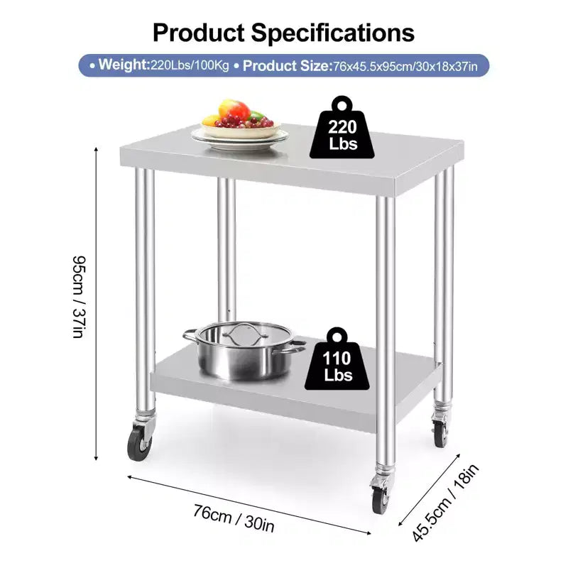 Table de travail en acier inoxydable, 91x61 cm/76x46 cm, avec 4 roulettes, pour cuisine et restaurant commerciaux