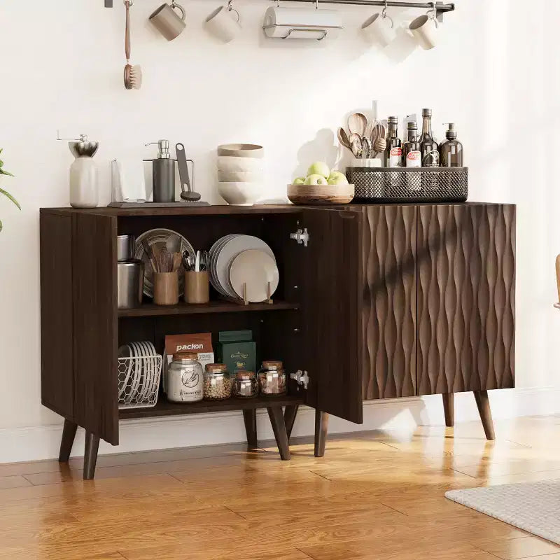 Meuble d'appoint à 2 portes Erommy avec étagères réglables, Buffet avec motif d'onde sculpturale pour salle à manger, salon