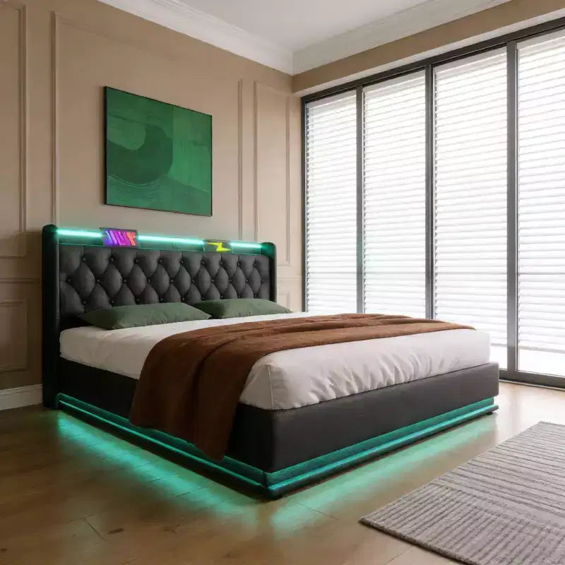 Lit capitonné Luxystar Queen Size avec rangement hydraulique, lumières RVB, ports USB et Type-C