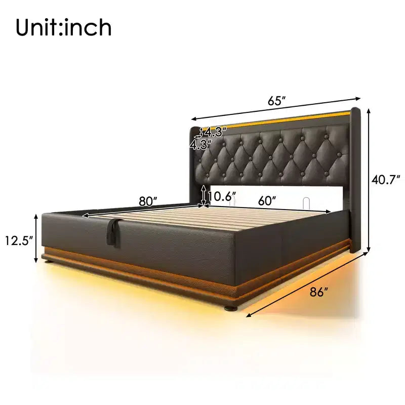 Lit capitonné Luxystar Queen Size avec rangement hydraulique, lumières RVB, ports USB et Type-C