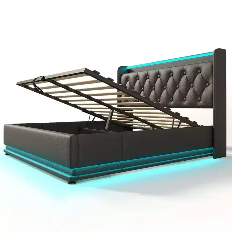 Lit capitonné Luxystar Queen Size avec rangement hydraulique, lumières RVB, ports USB et Type-C