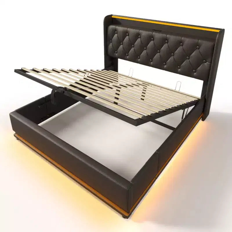 Lit capitonné Luxystar Queen Size avec rangement hydraulique, lumières RVB, ports USB et Type-C