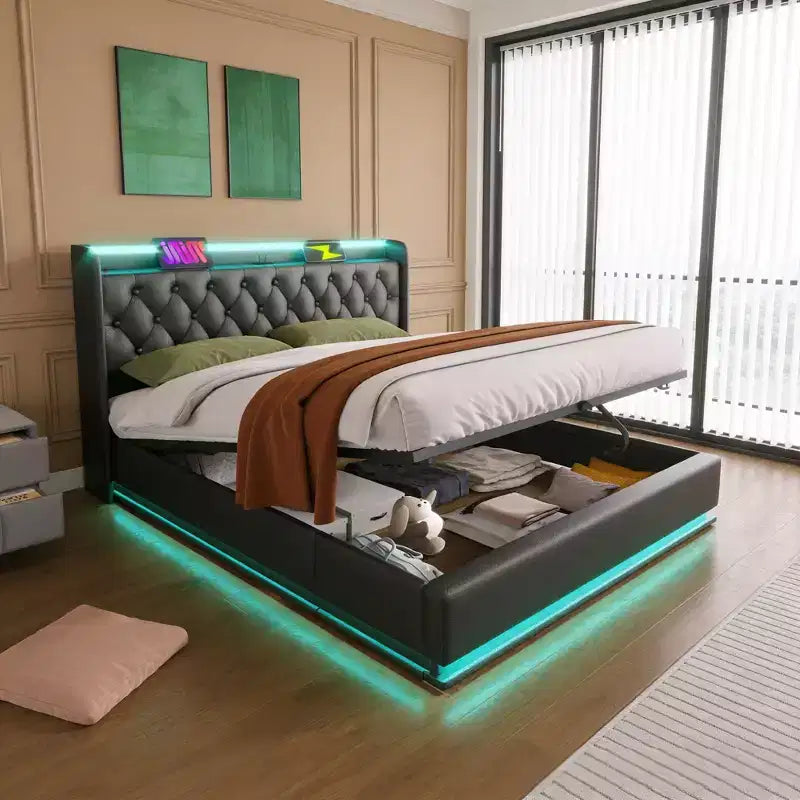 Lit capitonné Luxystar Queen Size avec rangement hydraulique, lumières RVB, ports USB et Type-C