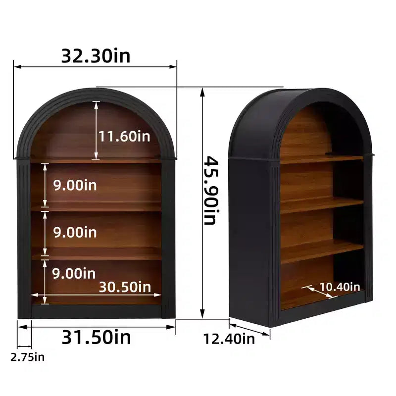 Étagère, 4 niveaux 116 cm Bibliothèque sur pied en bois avec arche, Grand organiseur de rangement pour bibliothèque, chambre, salon, noir