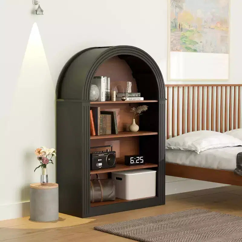 Étagère, 4 niveaux 116 cm Bibliothèque sur pied en bois avec arche, Grand organiseur de rangement pour bibliothèque, chambre, salon, noir
