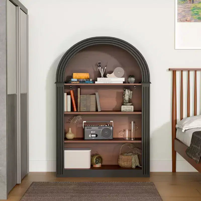 Étagère, 4 niveaux 116 cm Bibliothèque sur pied en bois avec arche, Grand organiseur de rangement pour bibliothèque, chambre, salon, noir