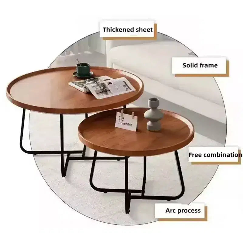 Tables gigognes basses Noyer (rond 70cm+50cm) Design cannelé en C pour Salon, Chambre et Bureau