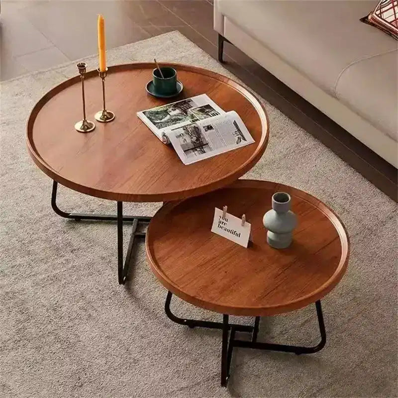 Tables gigognes basses Noyer (rond 70cm+50cm) Design cannelé en C pour Salon, Chambre et Bureau
